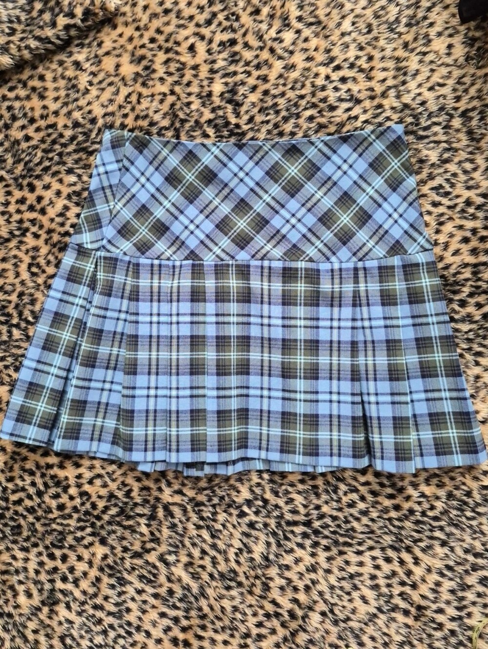 Vintage Y2k Necessary Objects Blue & Green Khaki Plaid Mini Pleated Skirt